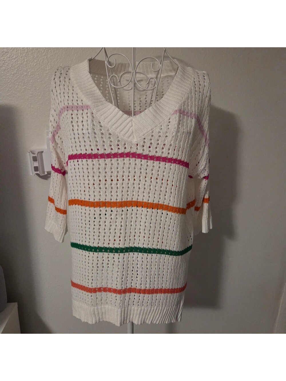 White Viscose Knit Sweater with Multicolor Stripes, Size S